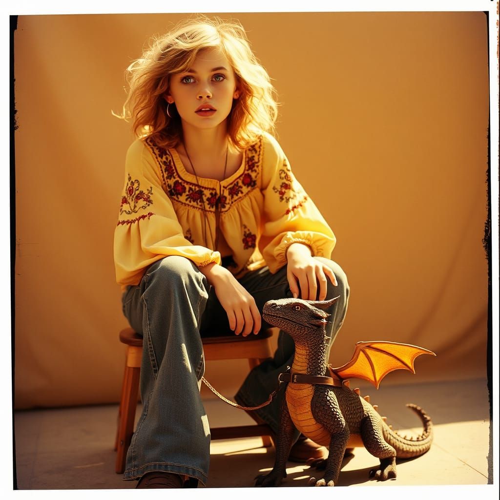 Woman and Dragon in 1970s Polaroid Style