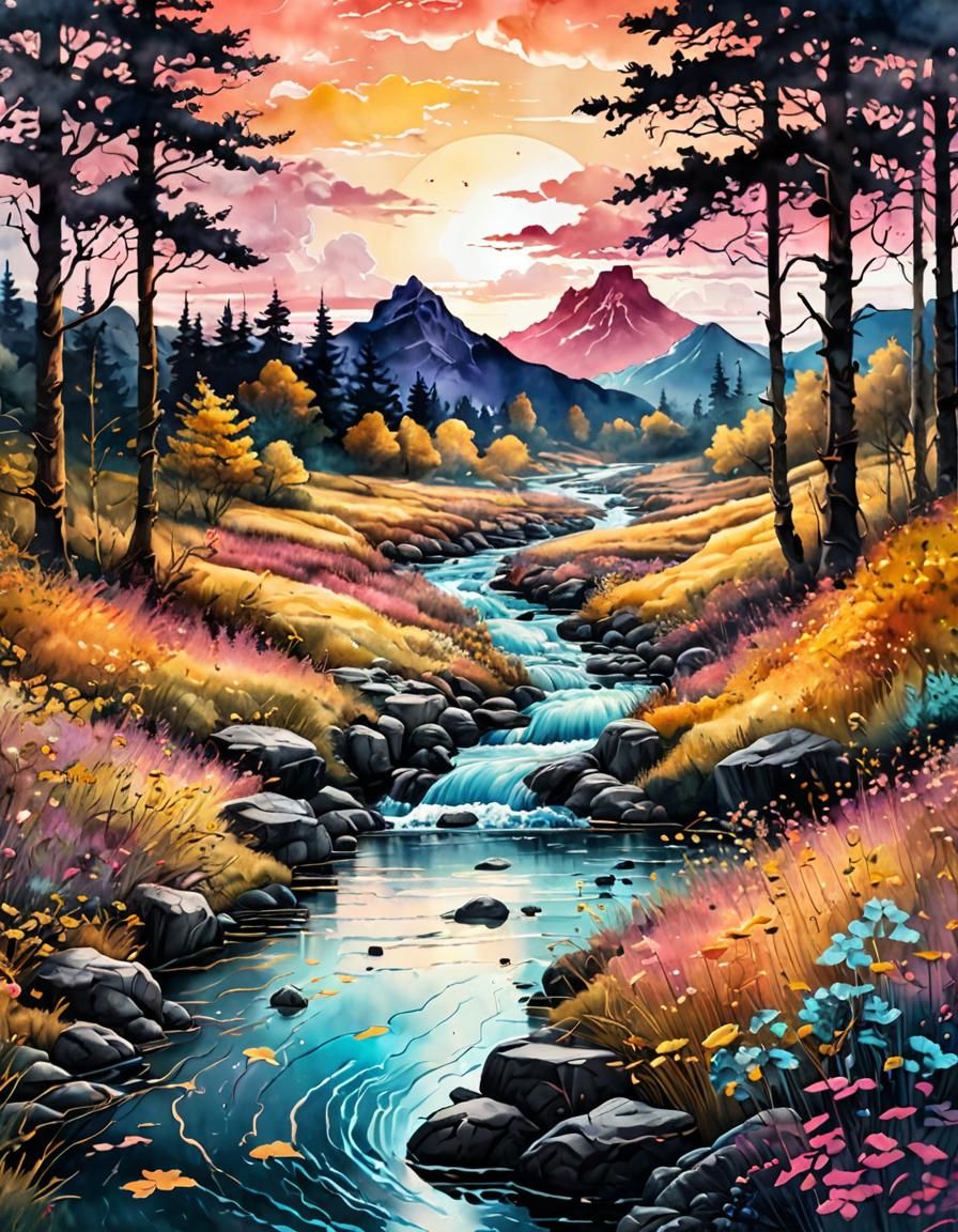 Autumn Forest Stream in Watercolor Vaporwave Style