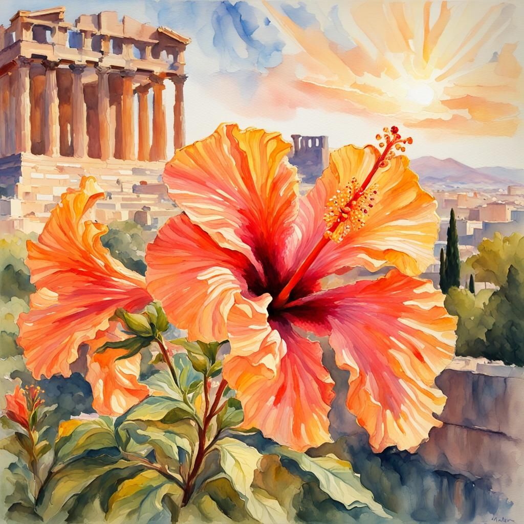 Acropolis with Hibiscus in Gouache Watercolor Style