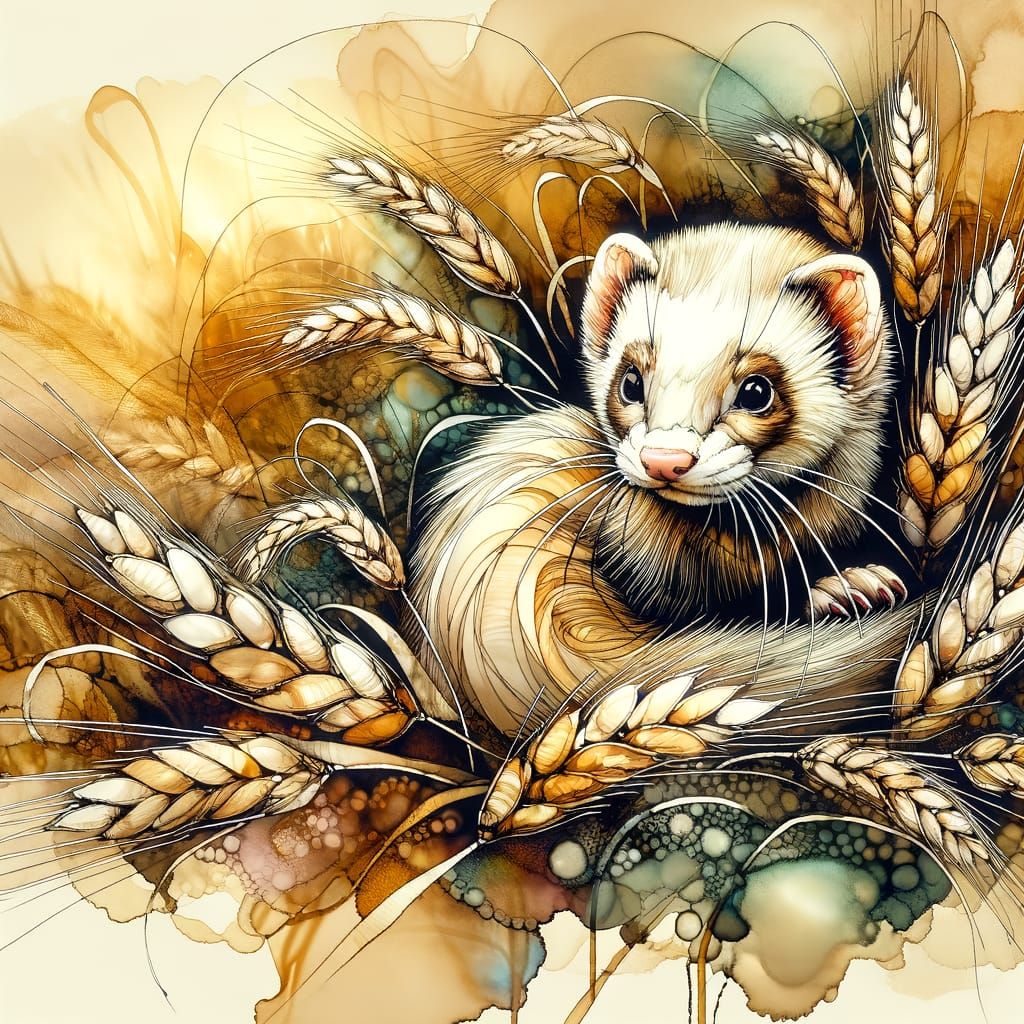 Golden Ferret in Whimsical Barley Landscape