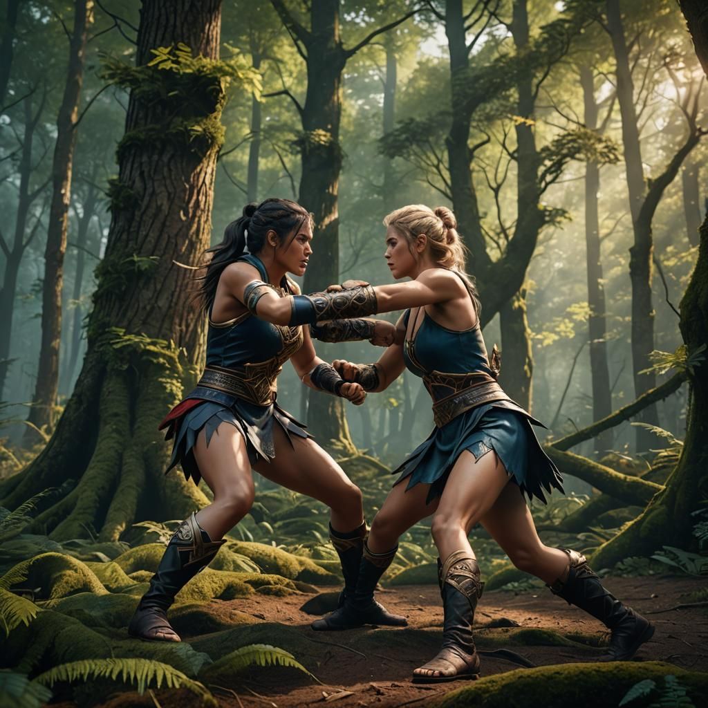 Beautiful Women Wrestle in Forest: Detailed Matte Painting
