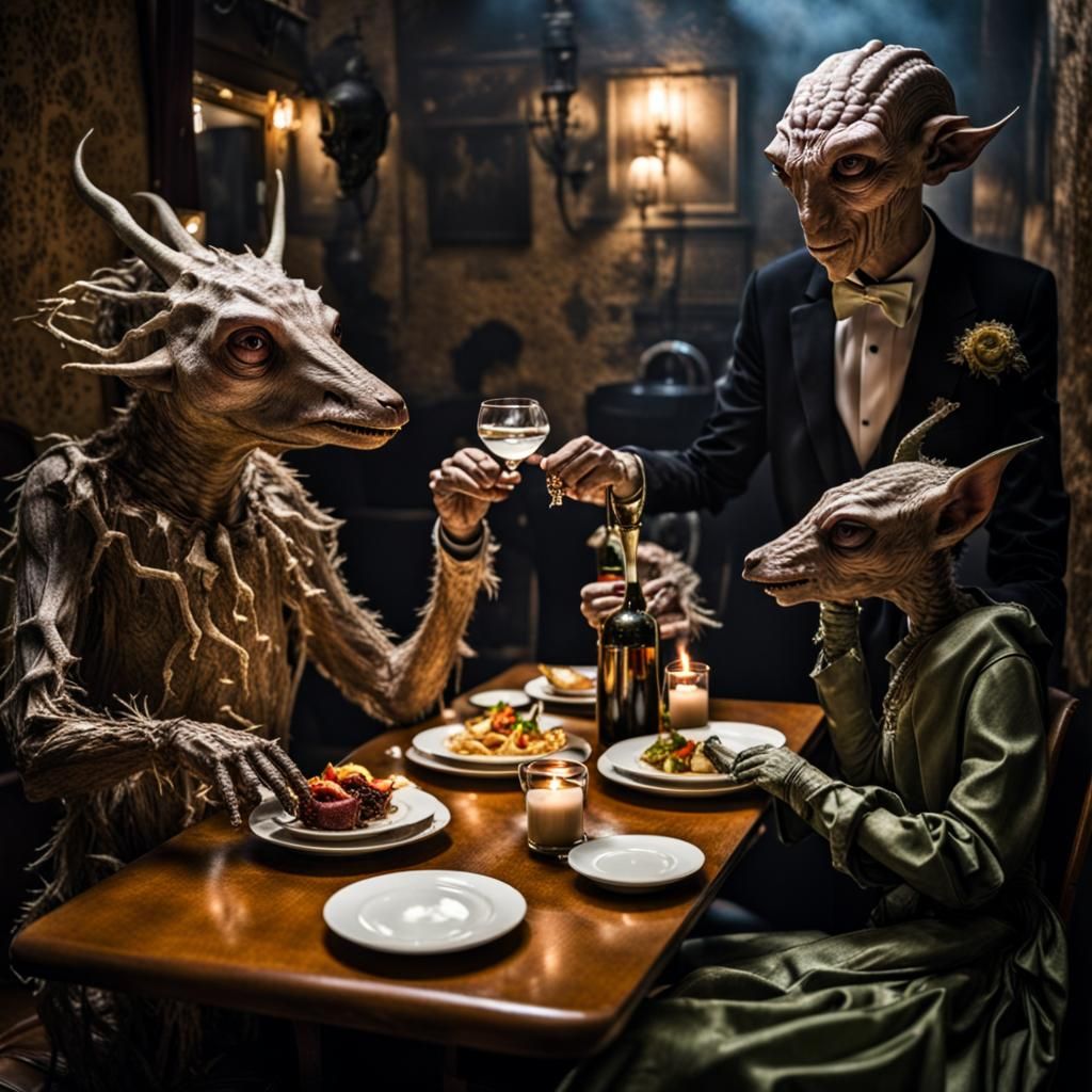 Exotic Aliens Celebrate in Surreal Restaurant: 8K