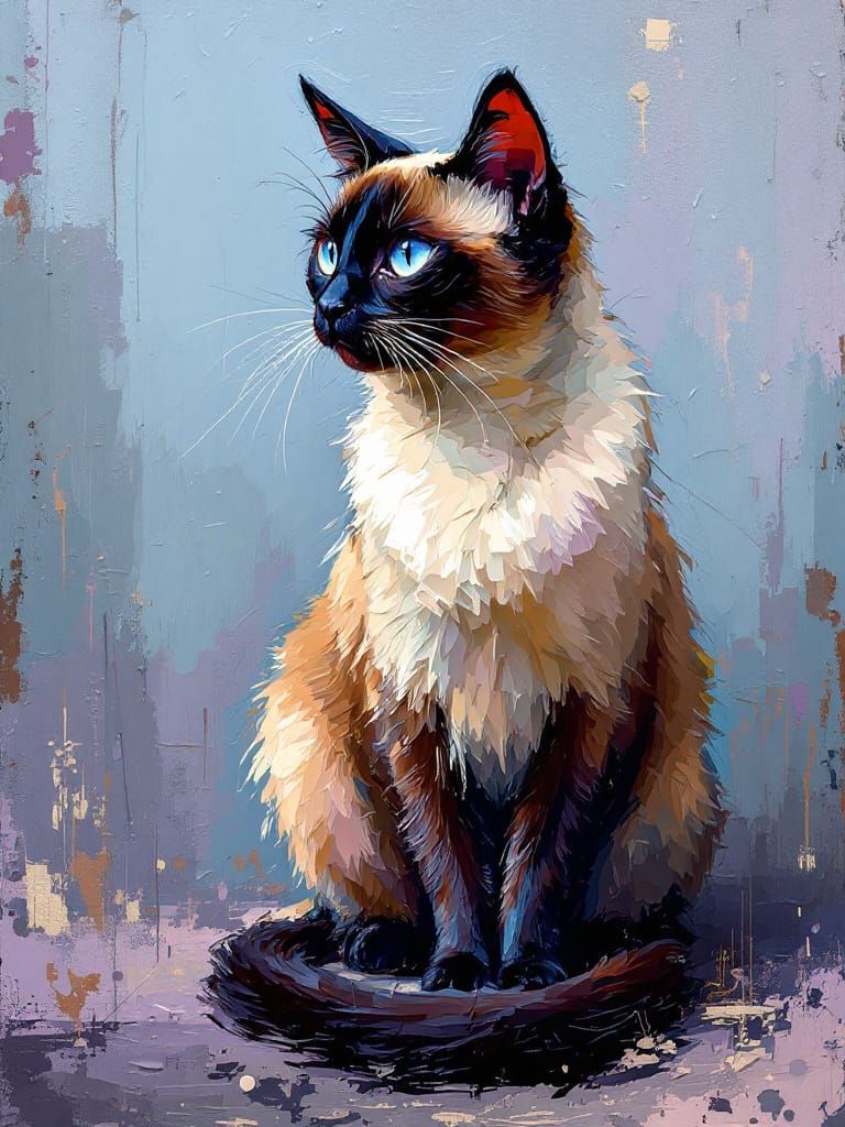 Elegant Siamese Cat in Textured Impasto Painting