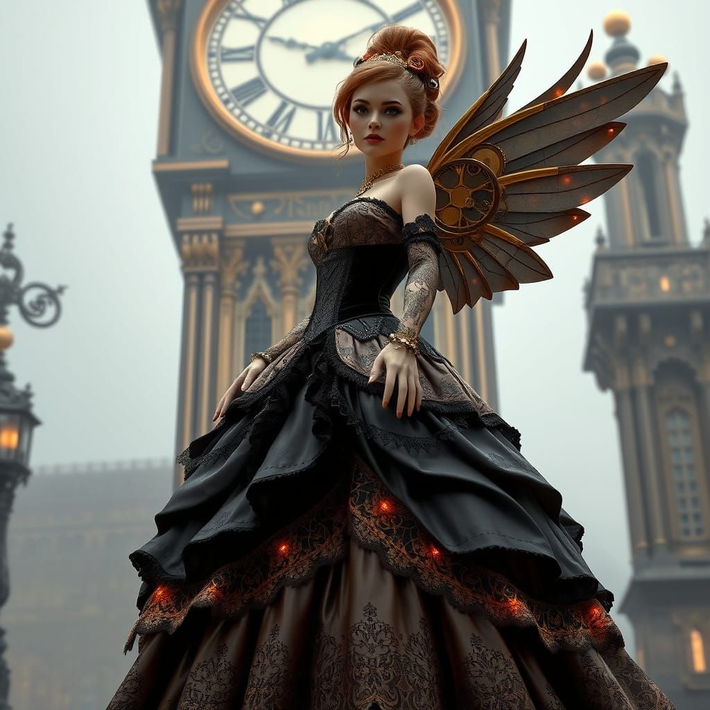 Steampunk Cinderella in front of Clock Tower