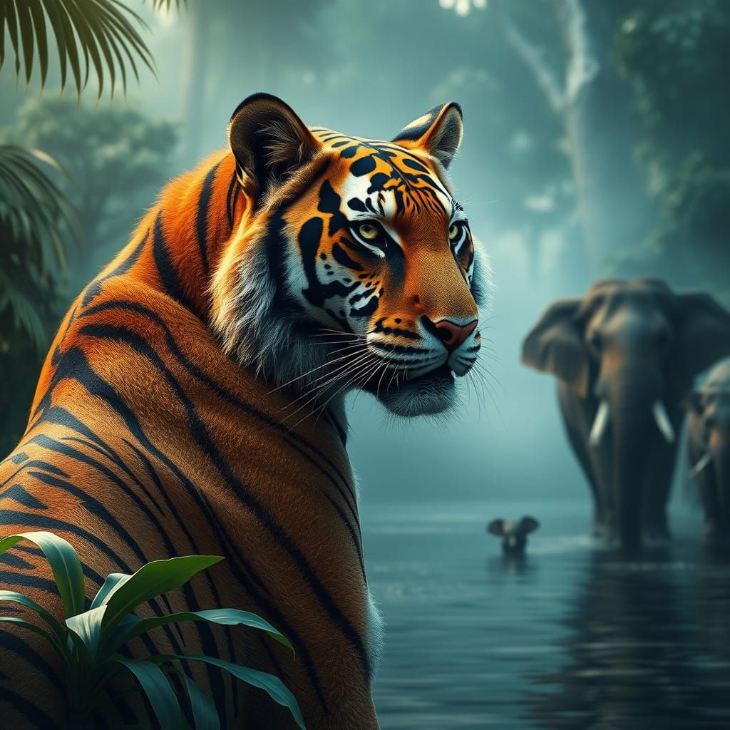 Tiger Observes Majestic Asian Elephants in Mystical Jungle R...