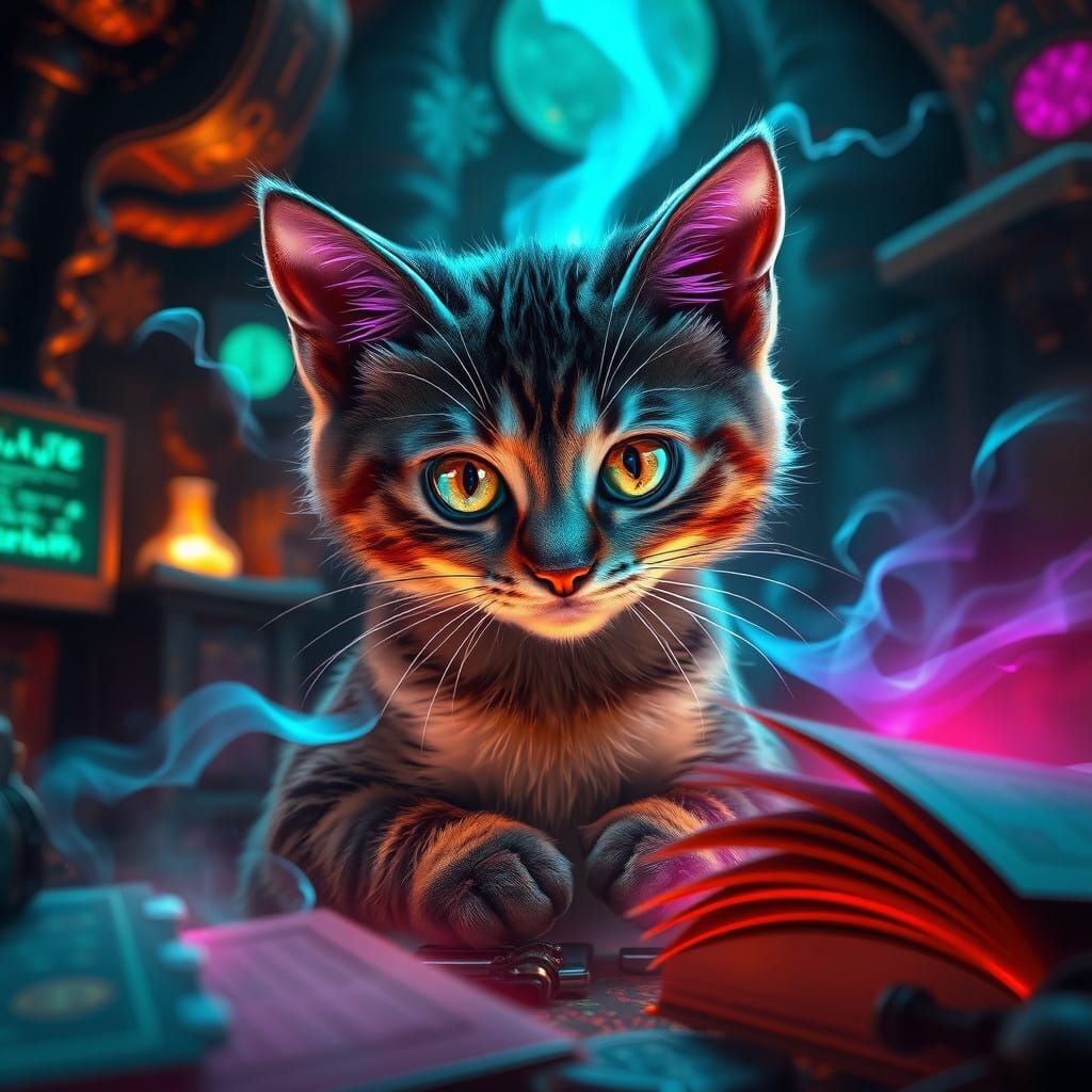 Mystical Cat Hacks the Digital Realm in Cyberpunk Style