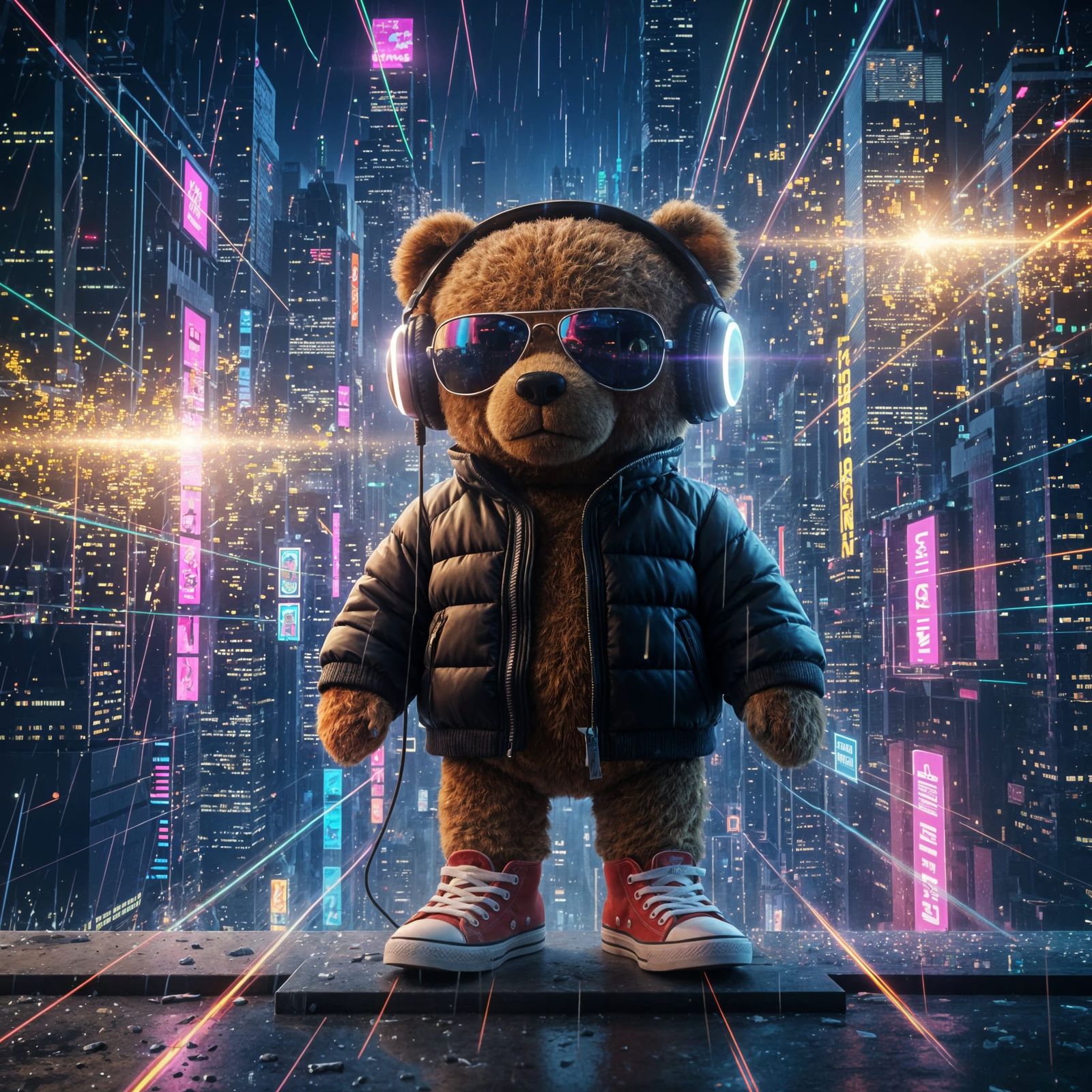 Futuristic Teddy Bear in Neon Glitch City