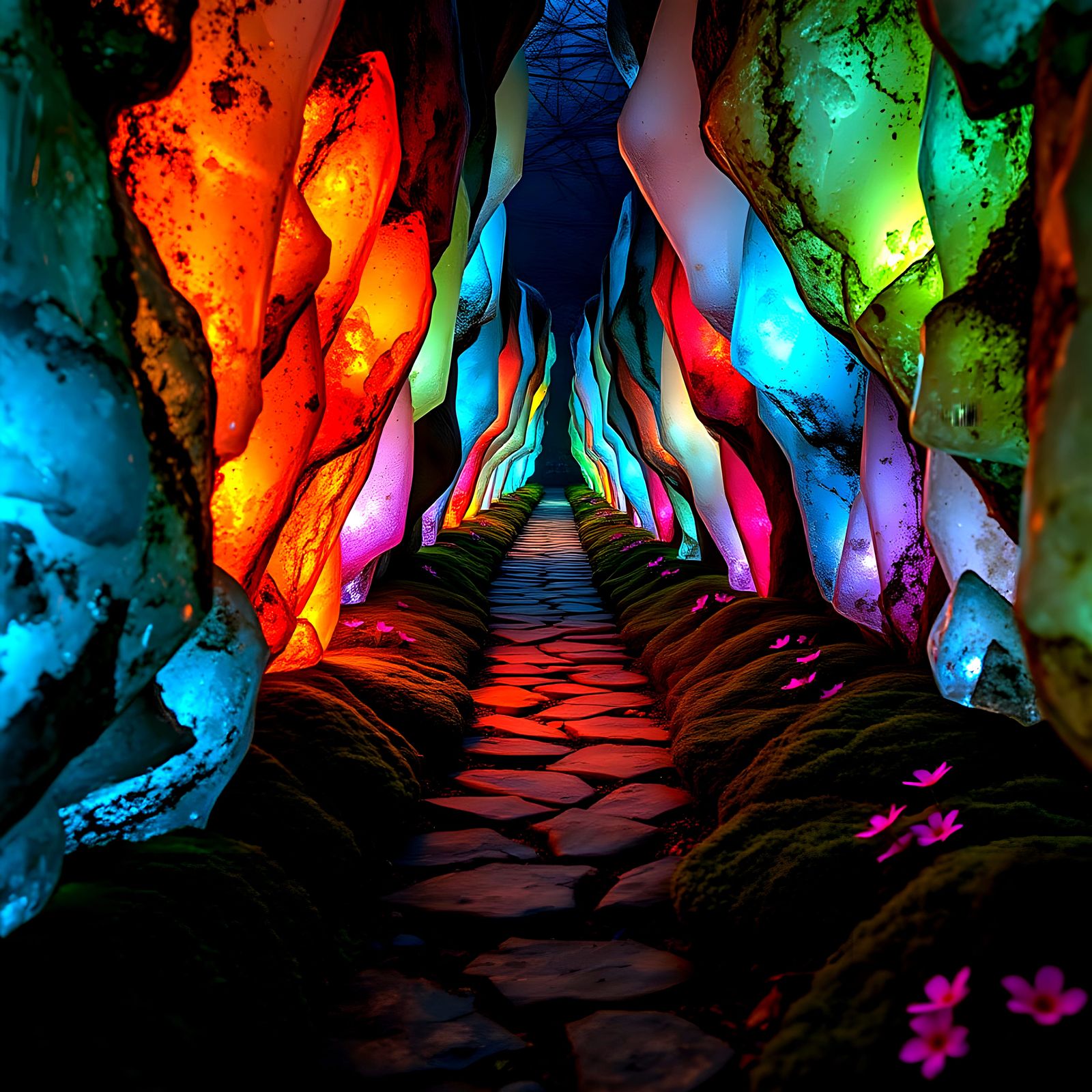 Crystal Pathway with Moss and Flowers