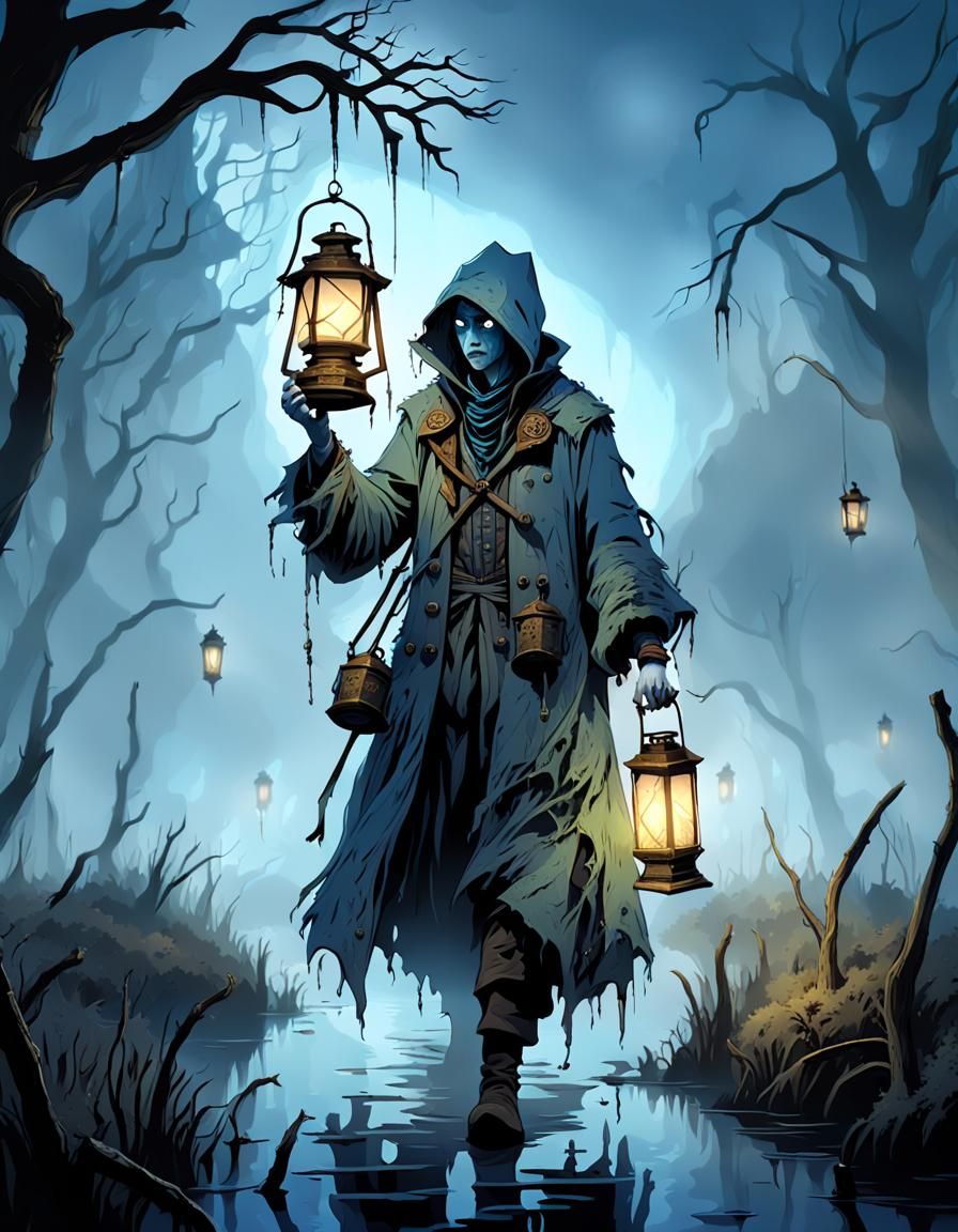 Lantern in Blue Fog: Gothic Horror Concept Art