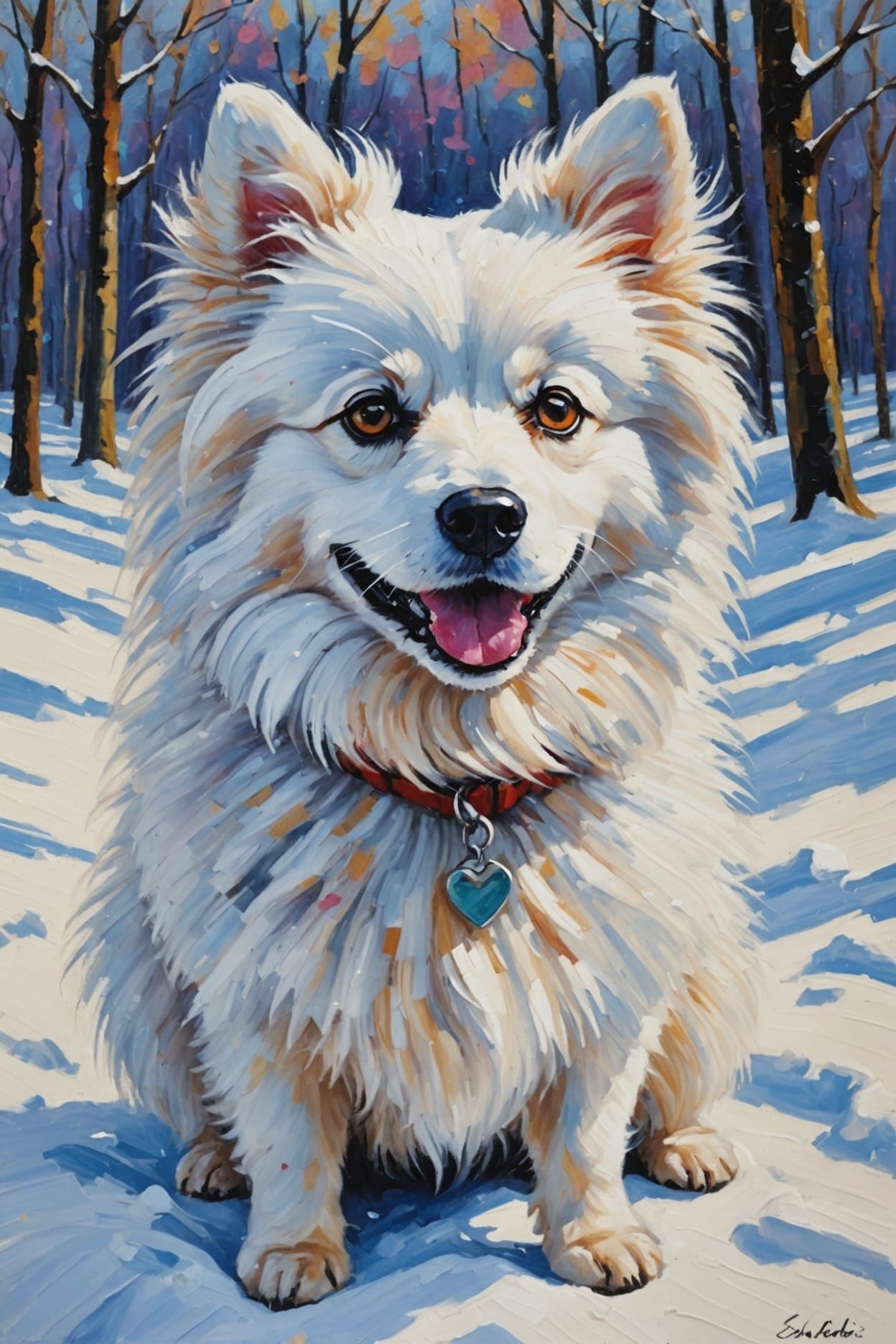 Cute White Spitz Dog in Neo-Impressionist Style