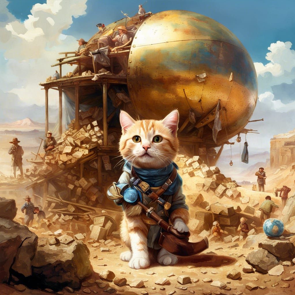 Chibi Cat Archeologist Discovers Treasure, Digital Matte Pai...