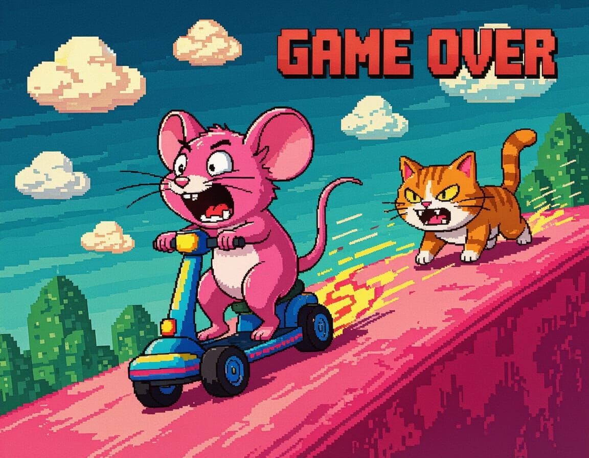 A flustered sweaty pink mouse gripping a bumper scooter as i...