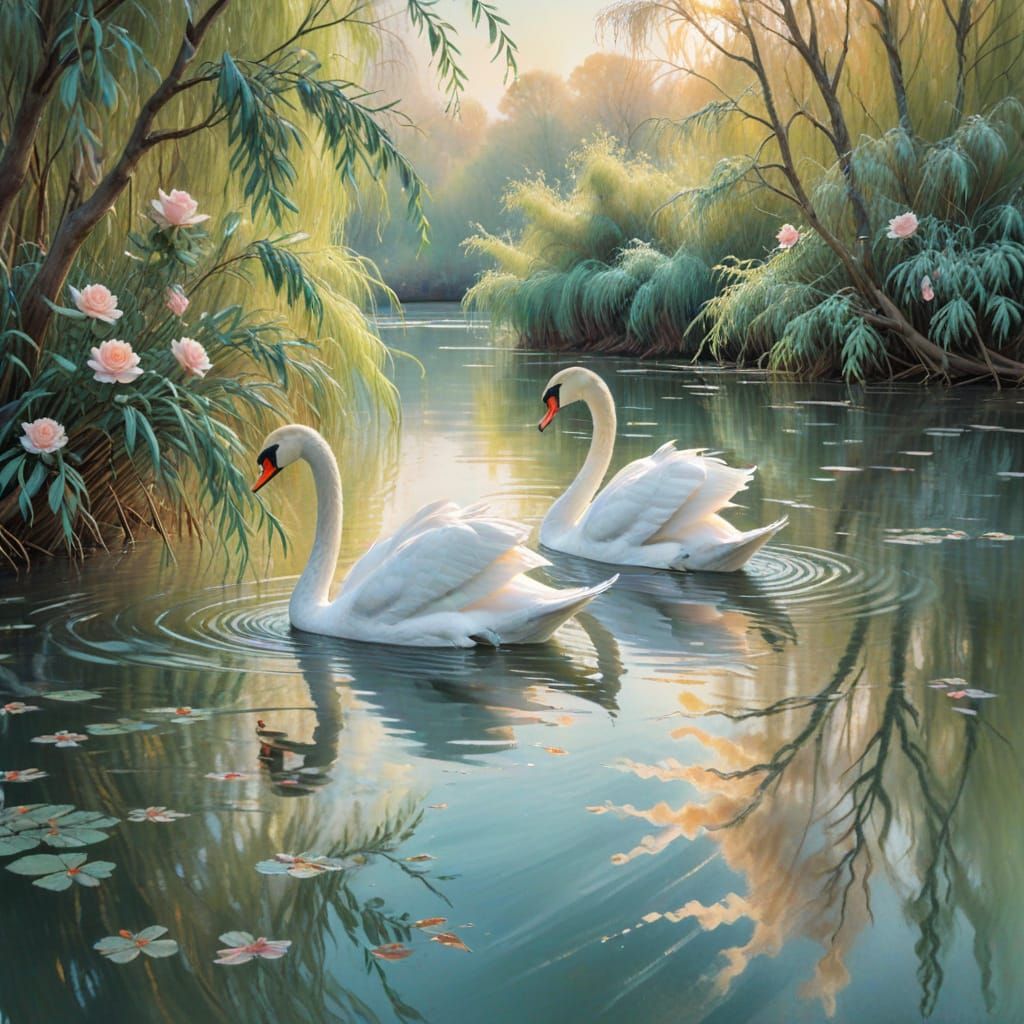 Swans on Glassy Water with Rose-Gold Light in Pastel Chalk S...
