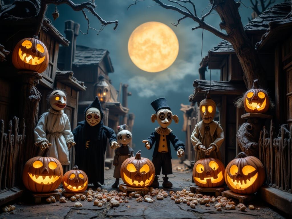 Haunted Halloween Night with Spooky Creatures Under Full Moo...