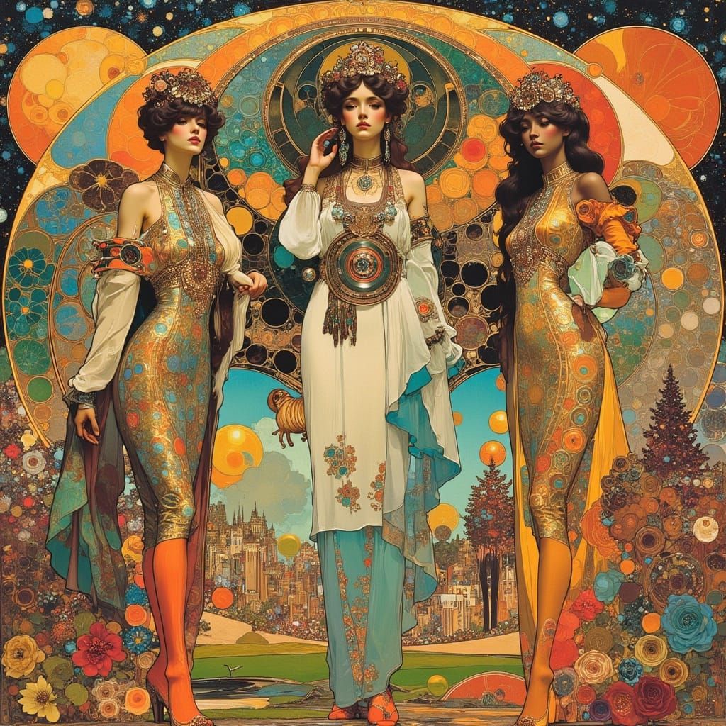 Psychedelic Art Nouveau Scene in Retro Style