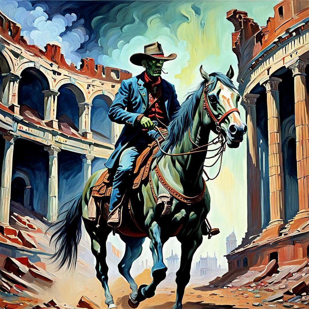 Zombie Cowboy Rides in Crumbling Coliseum