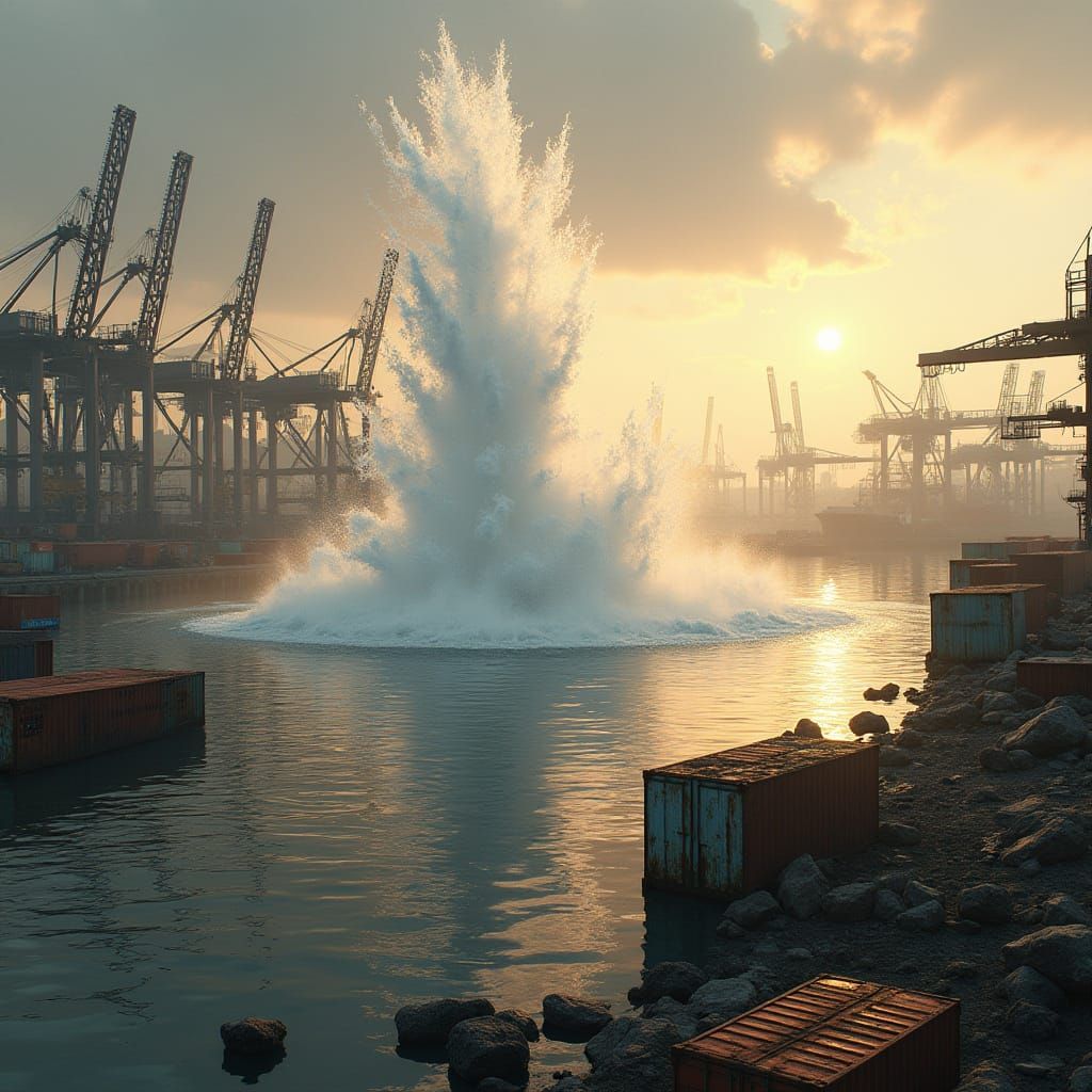 Industrial Harbor at Dawn with Spout and Rundown Ships