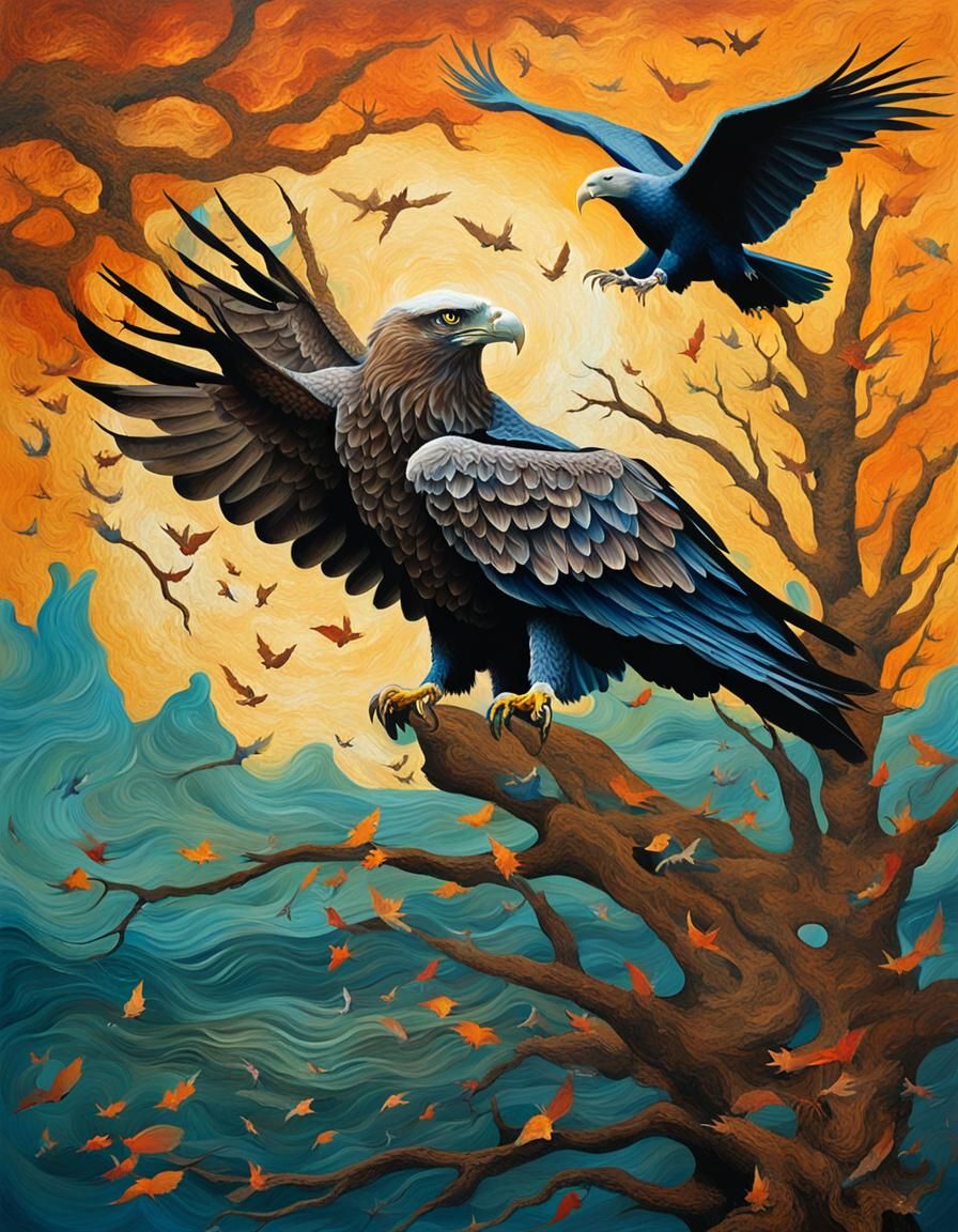 Eagle, Dove, and Bats in Abstract Art
