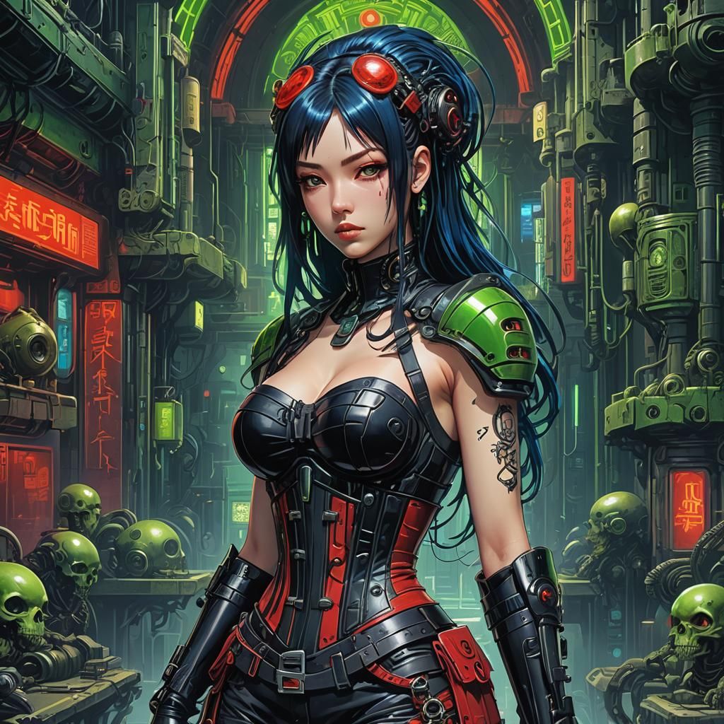 Cyberpunk Cyborg in Corroded Biomechanical Ruins