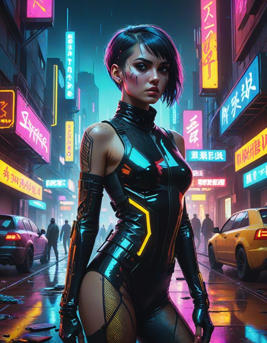 Confident Woman in Futuristic City at Dusk