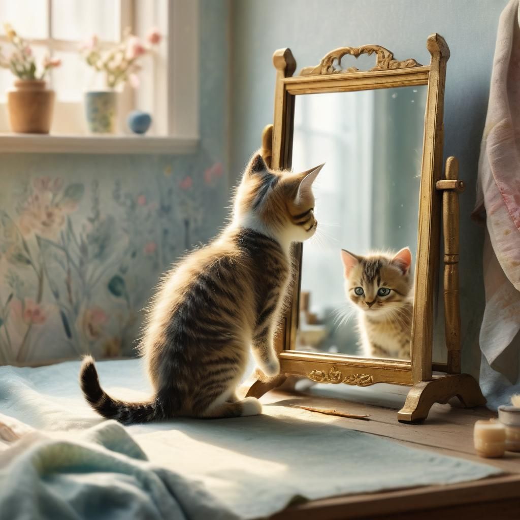 Kitten Gazing at Reflection in Watercolor Bedroom