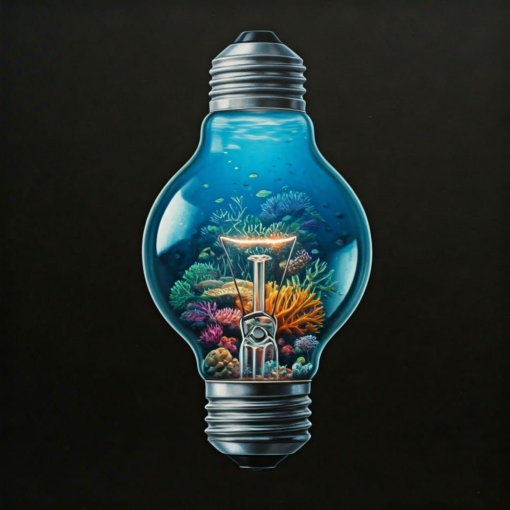 Coral Reef in Light Bulb: A Charcoal Drawing
