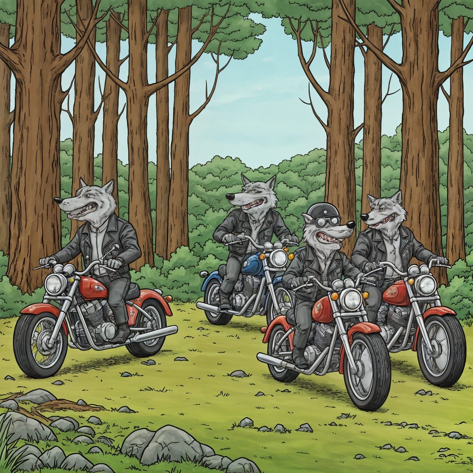Wolf Pack Motorcycle Gang in Comedy Cartoon Style