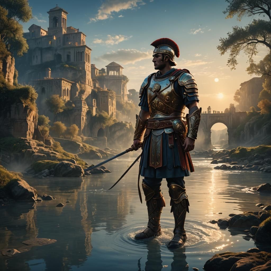 Roman Soldier at River's Edge in Dramatic Lighting