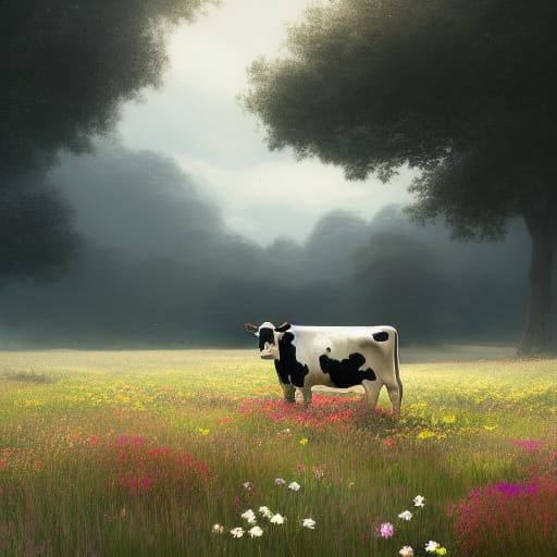 Cow in Flower Meadow: Hyperdetailed Concept Art