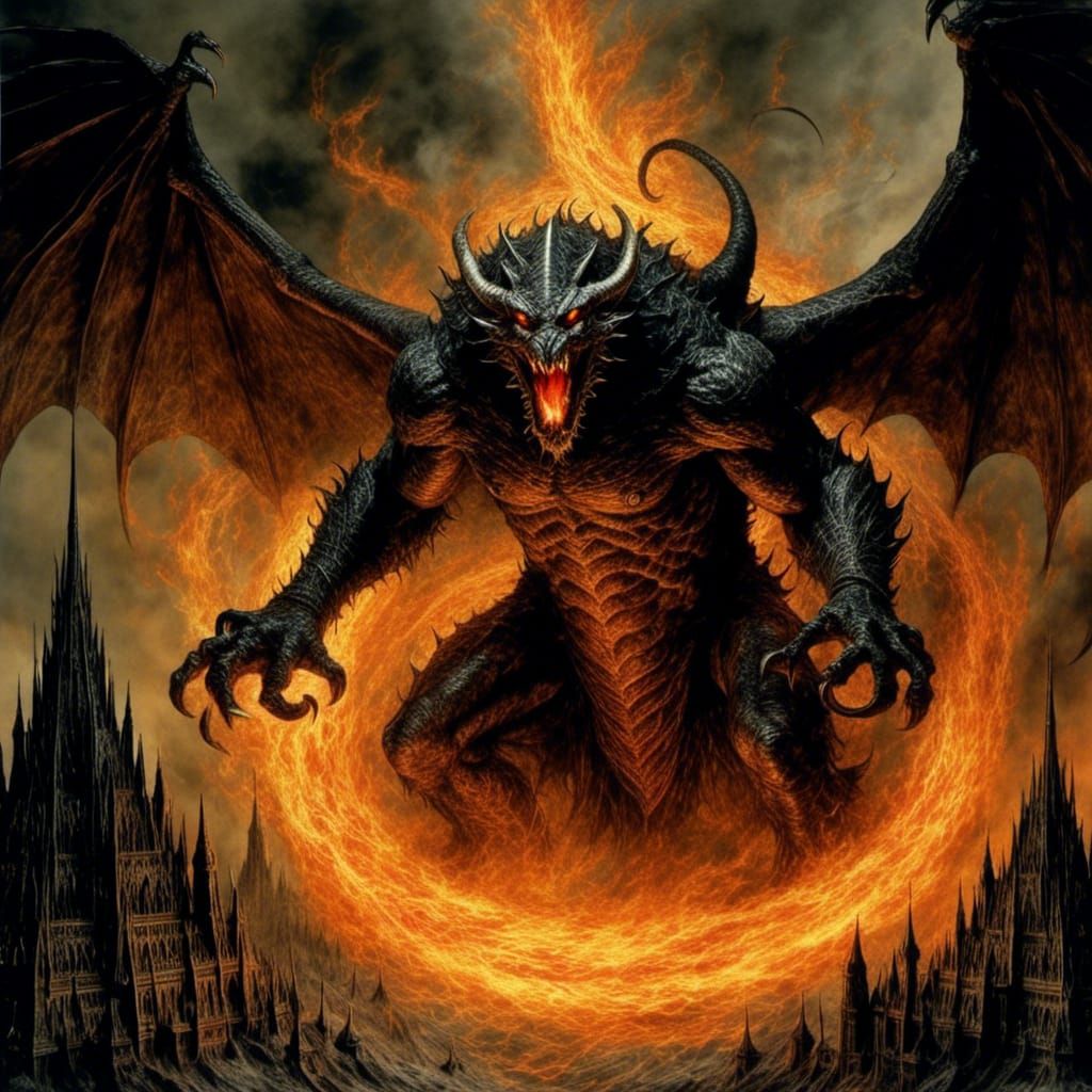 The Balrog enveloped in fire.