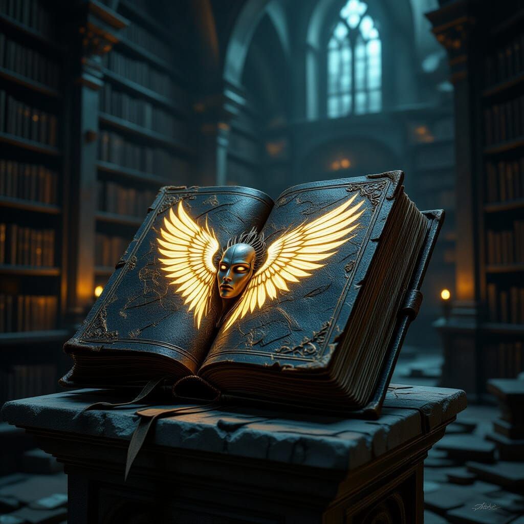 Ancient Tome with Glowing Wings in Dark Fantasy Style