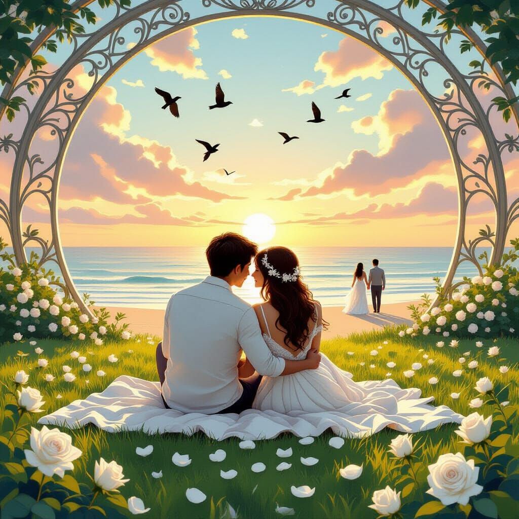 Romantic Couple at Sunrise Beach in Art Nouveau Style