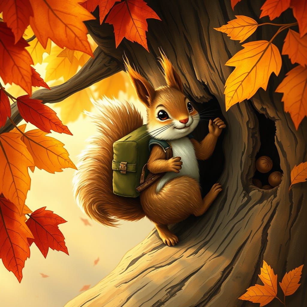 Squirrel Stashing Nuts in Autumn Tree