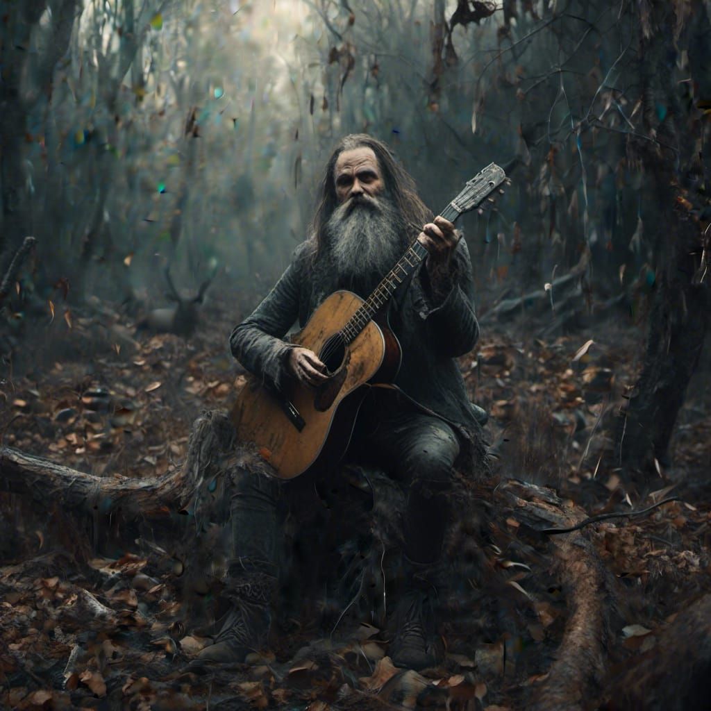 Man with Long Beard Playing Guitar in Woods