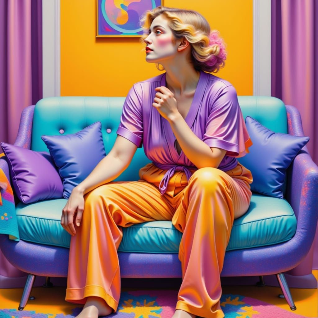 Vibrant Woman in Windswept Pajamas, Vapor-Impressionist Styl...