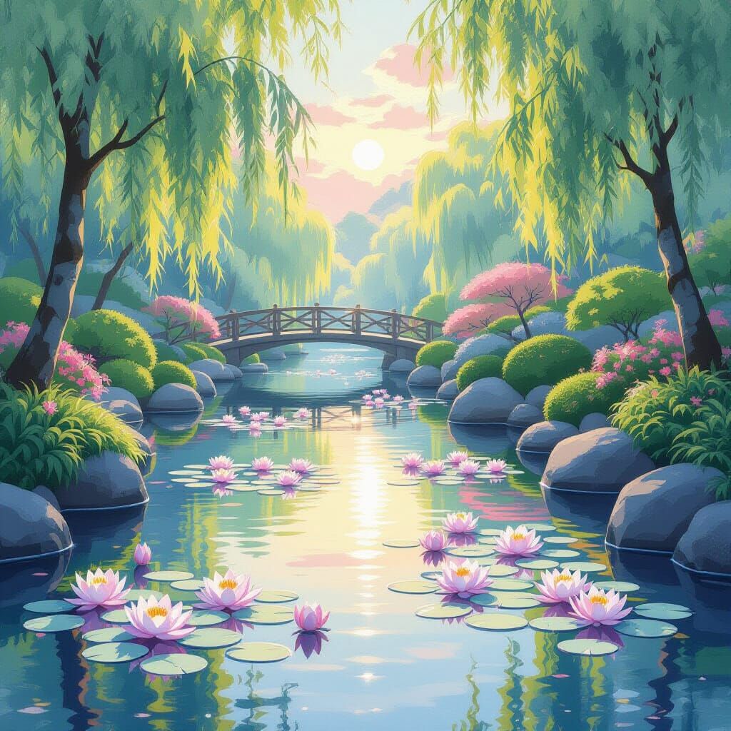 Impressionist Sunrise Over Japanese Garden