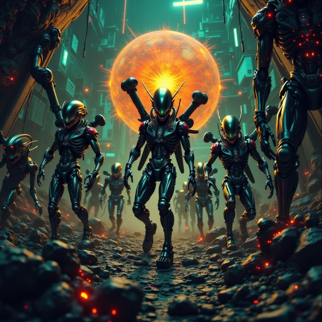 Surreal Cyberpunk Invasion Poster in UHDR Style