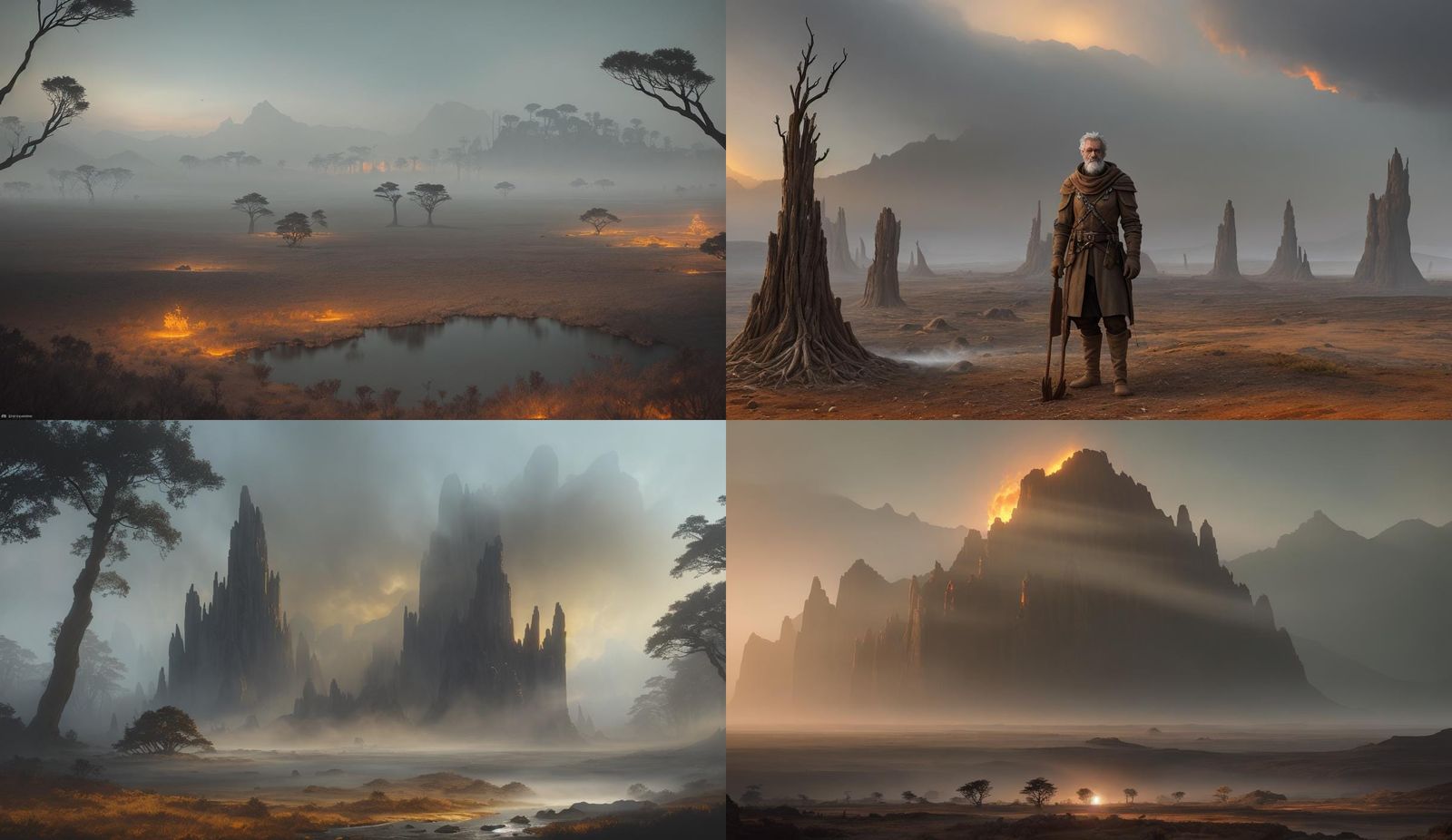 Barren Landscape with Ancient Settlement at Sunset