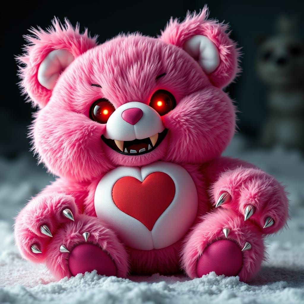Scary Pink 80s Care Bear with Fangs and Claws