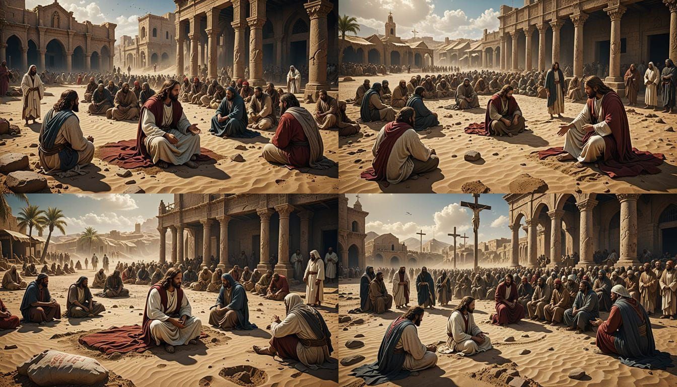 Jesus Writes in Sand: A Biblical Scene in Matte Painting