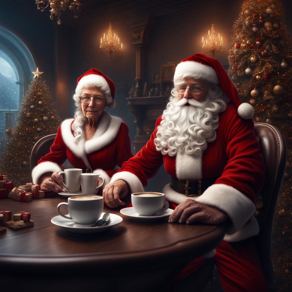 Santa and Mrs. Claus Having Coffee