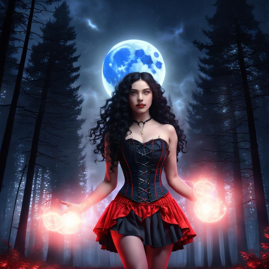 Sorceress Witch Casting Spells in Moonlight