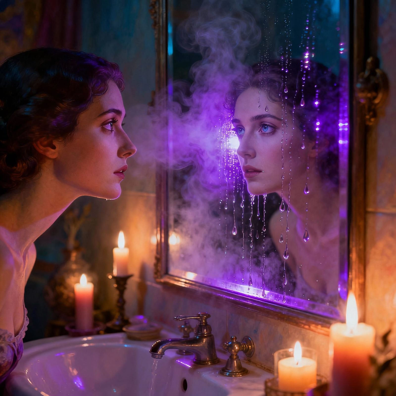 Woman's Introspective Gaze in Steamy Mirror