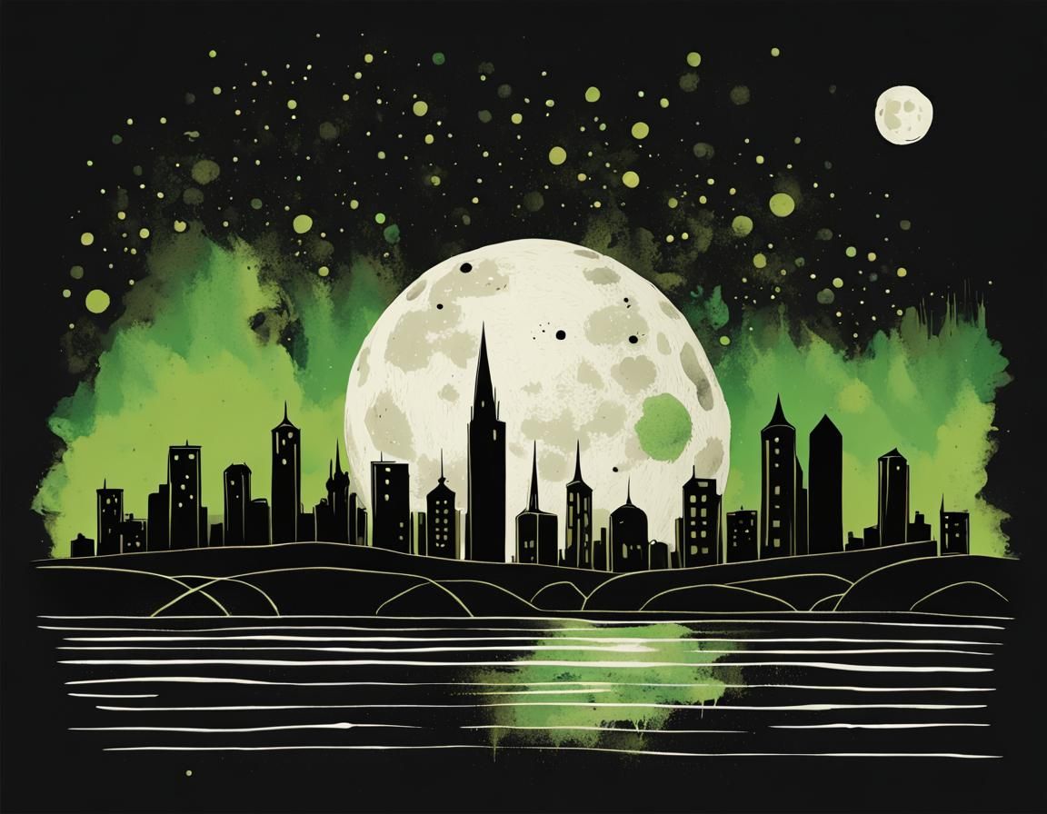 Halloween Skyline: Minimalist Ink Drawing with Accents