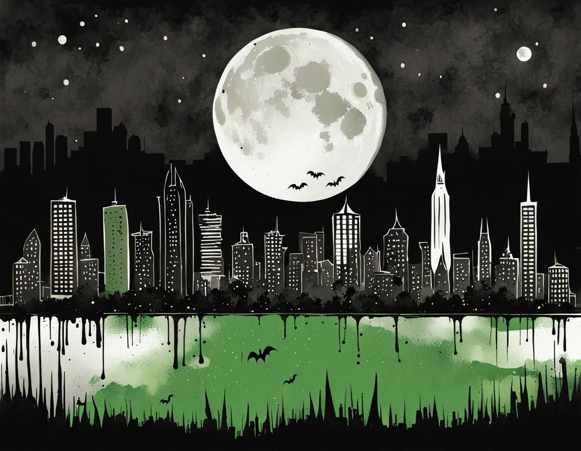 Minimalist Halloween Skyline in Ink Drawing Style