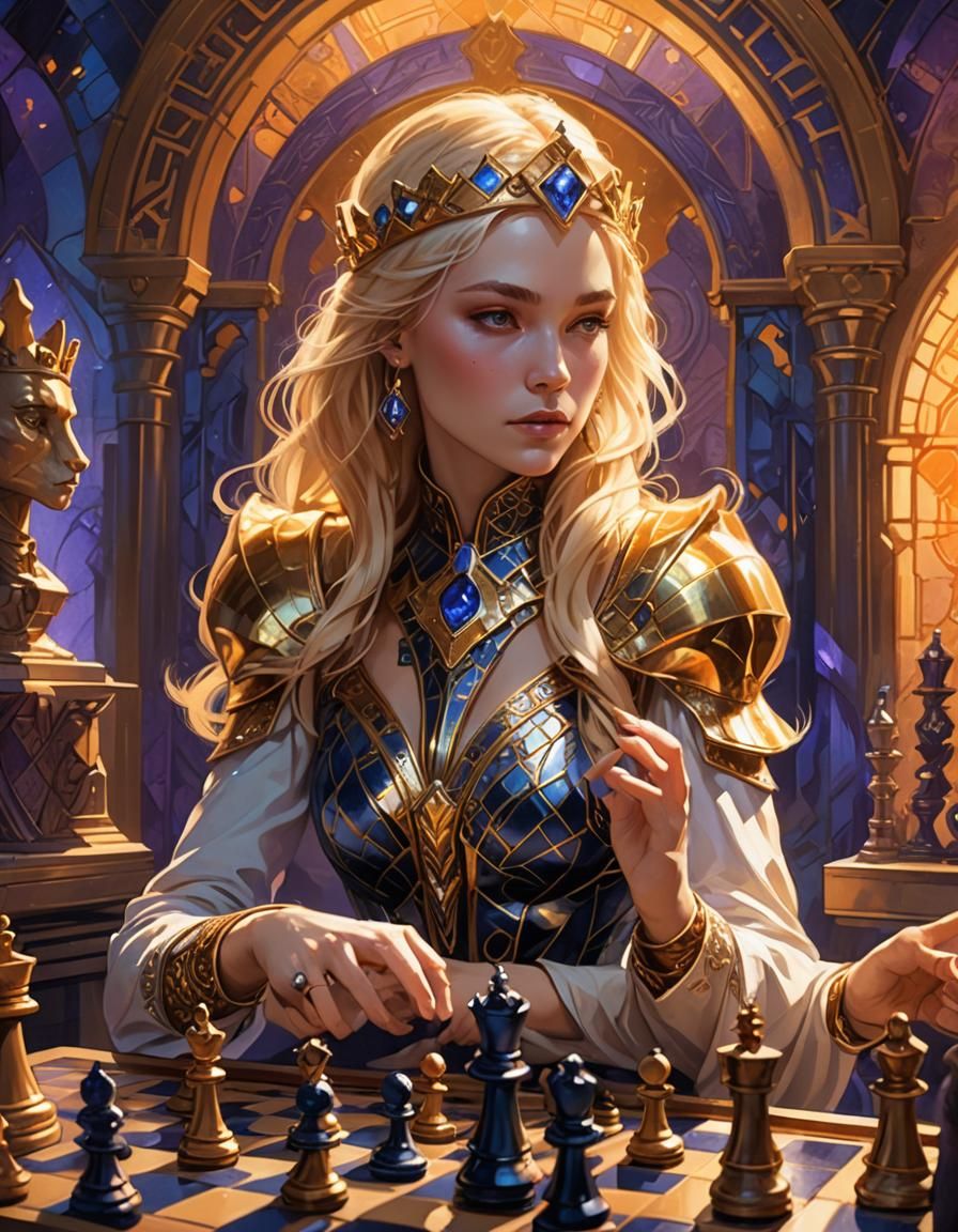 Blonde Queen Plays Chess in Golden Vault