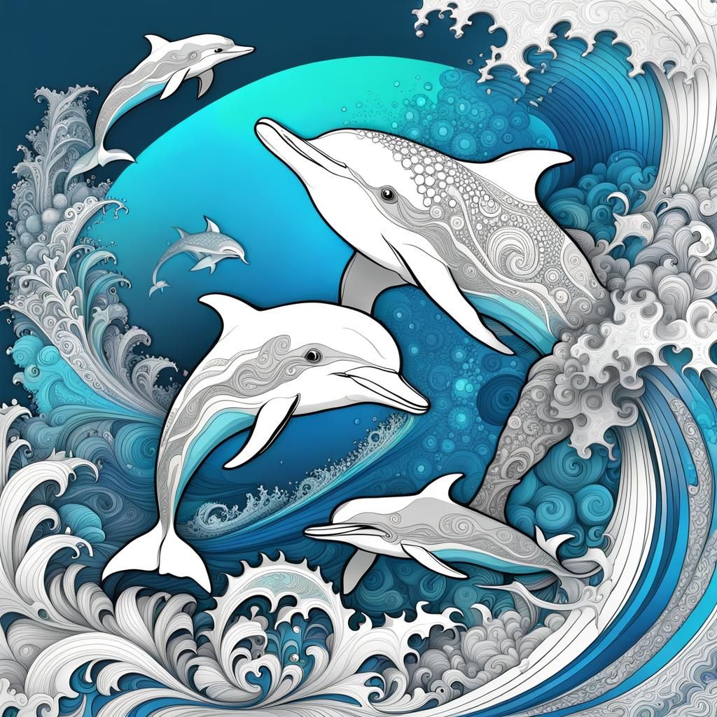 Woman Rides Dolphins in Abstract Fractal Style