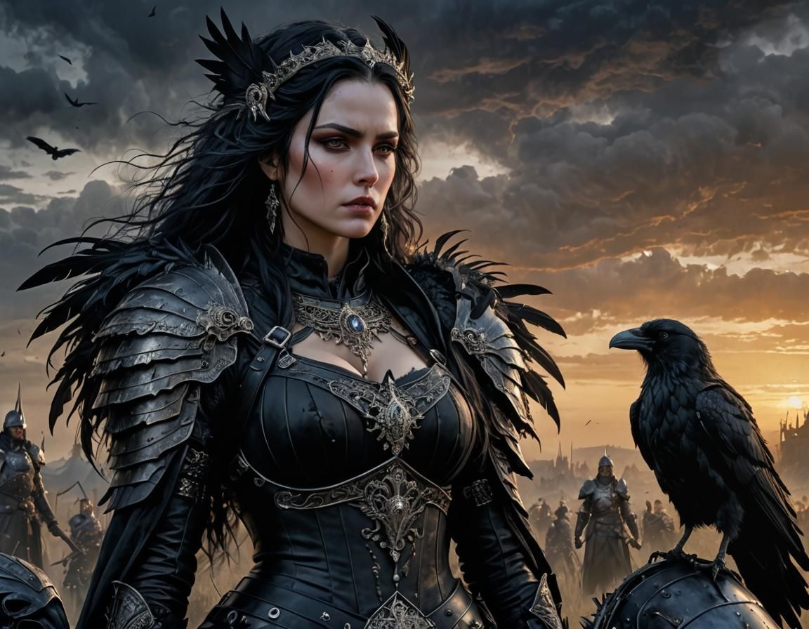 Gothic Woman with Raven on Battlefield, Dark Fantasy Art