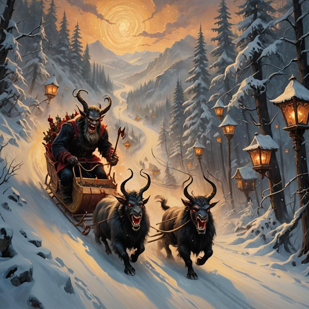 Krampus's Wild Ride: Oil Painting of Demon Sleigh