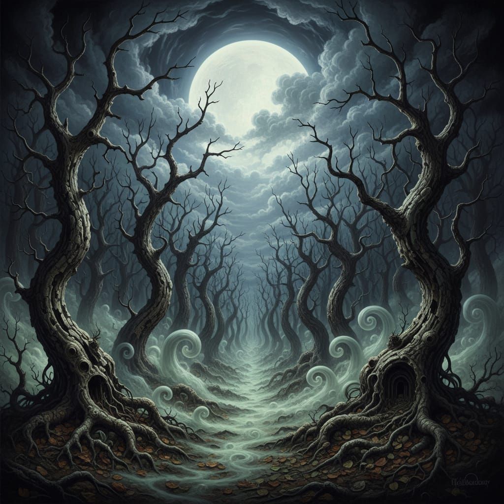 Haunting Forest of Skeletal Trees Under Moonlit Sky